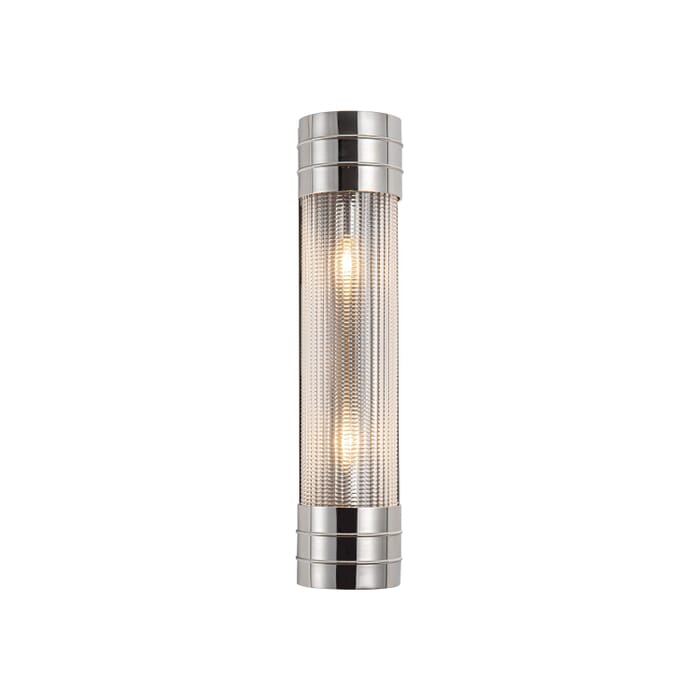 Willard 2-Light Bathroom Vanity Light in Polished Nickel with Clear Prismatic Glass Willard 2-Light Bathroom Vanity Light in Polished Nickel with Clear Prismatic Glass