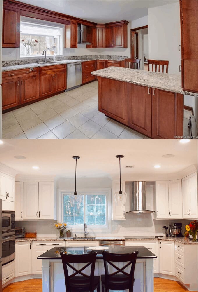 A before-and-after of The Clean Eating Couple's renovated kitchen, featuring Savoy House Octave pendants - Kitchen Renovation Collaboration with The Clean Eating Couple - LightsOnline Blog